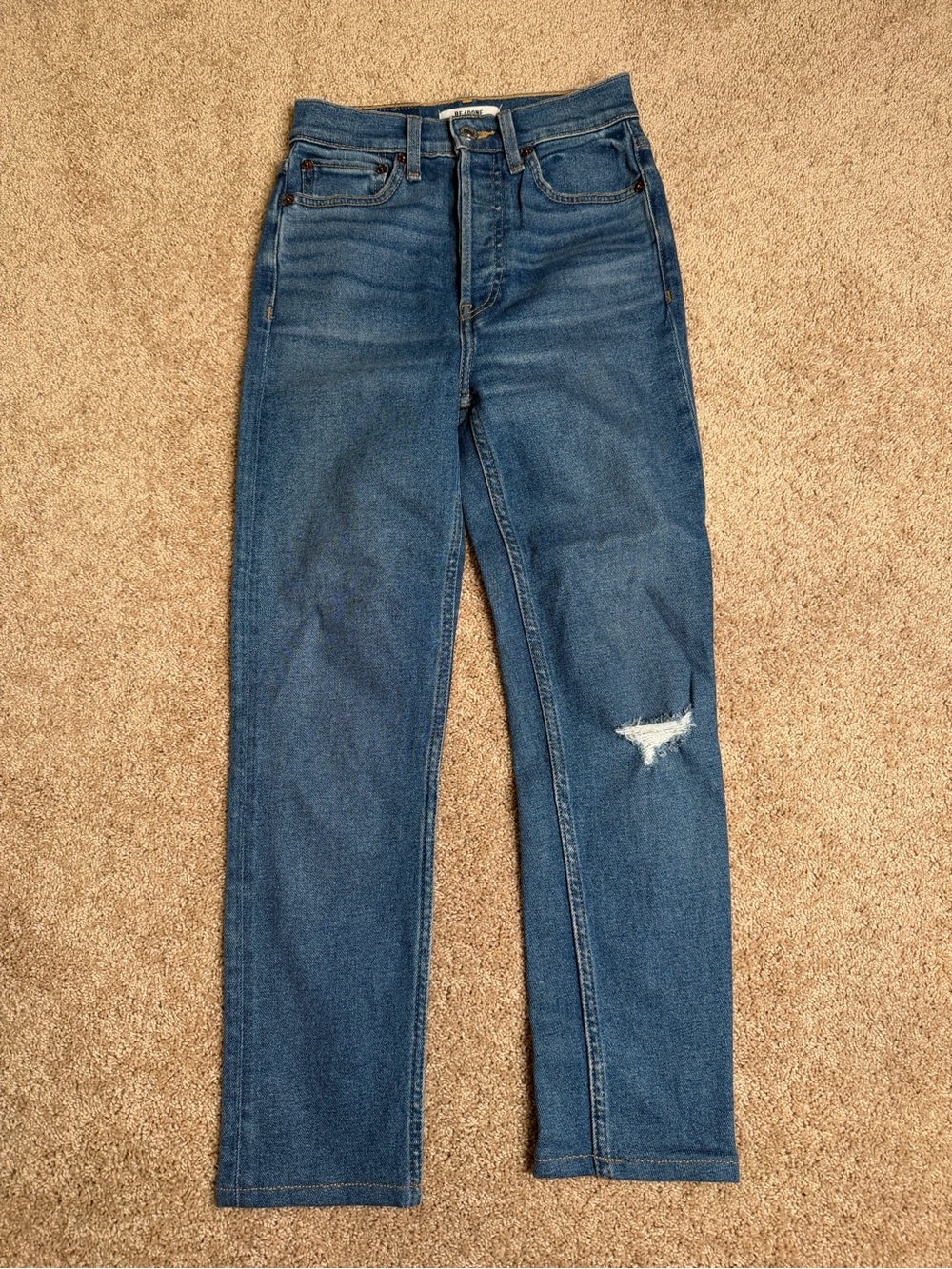 RE/DONE‎ Originals Straight Leg Jeans Medium Wash Distressed Knee Denim Size 24